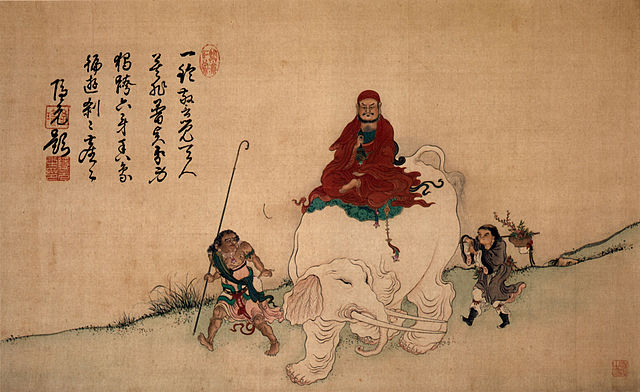 Bodhidharma on Elephant Yiran Inscription by Yinyuan color on silk hanging scroll